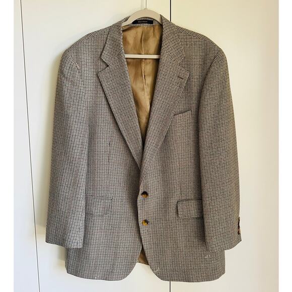 Mens Vintage 90s Silk Wool Blazer Houndstooth Sport Coat Size 46T Classic Fit - Picture 1 of 15